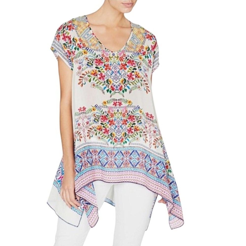Johnny Was Cream Embroidered Floral Handkerchief Hem Blouse